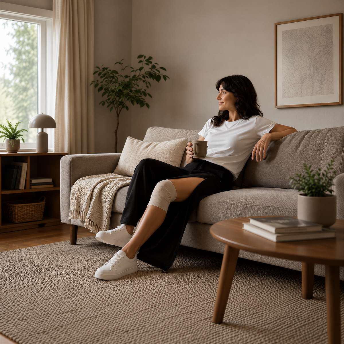 Kvinna i soffan med knäbandage, byxan öppen i sidan